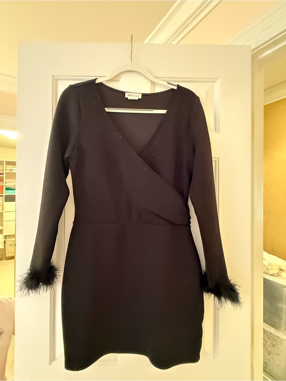 Lovers + Friends Black Faux-Wrap Long Sleeve Dress with Feather Cuffs